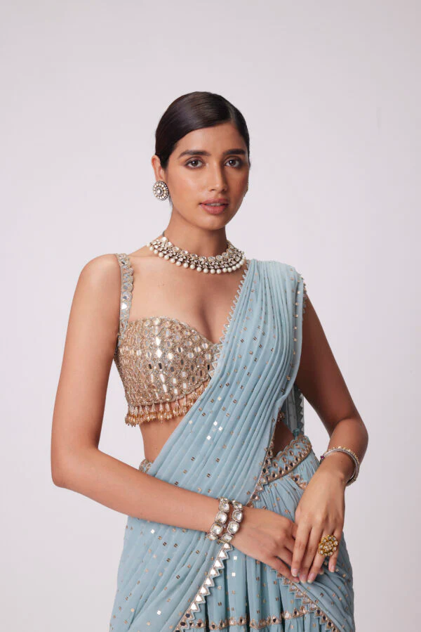 Powder Blue Multitier Saree Set - Image 2