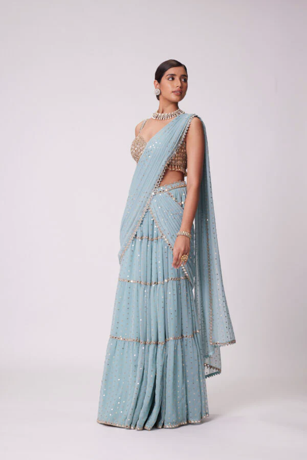 Powder Blue Multitier Saree Set - Image 3