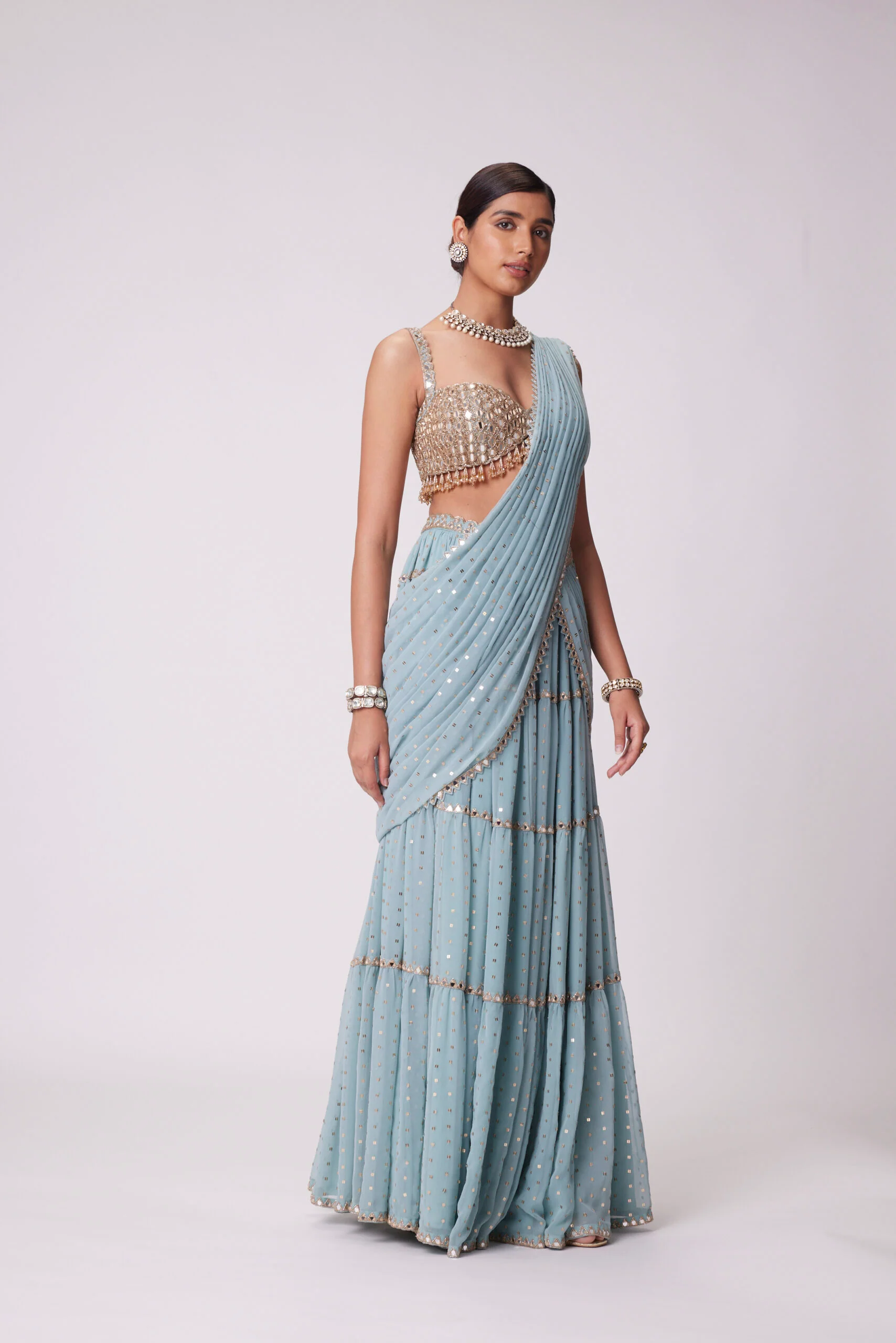 Powder Blue Multitier Saree Set - Image 4