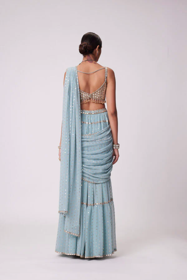 Powder Blue Multitier Saree Set - Image 5