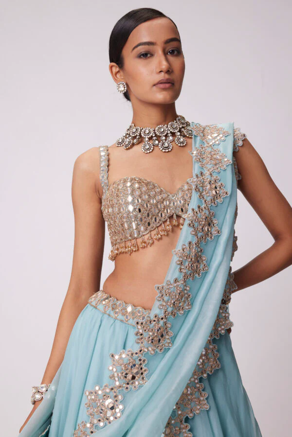 Powder Blue Organza hand Embroidered Lehenga Set - Image 2