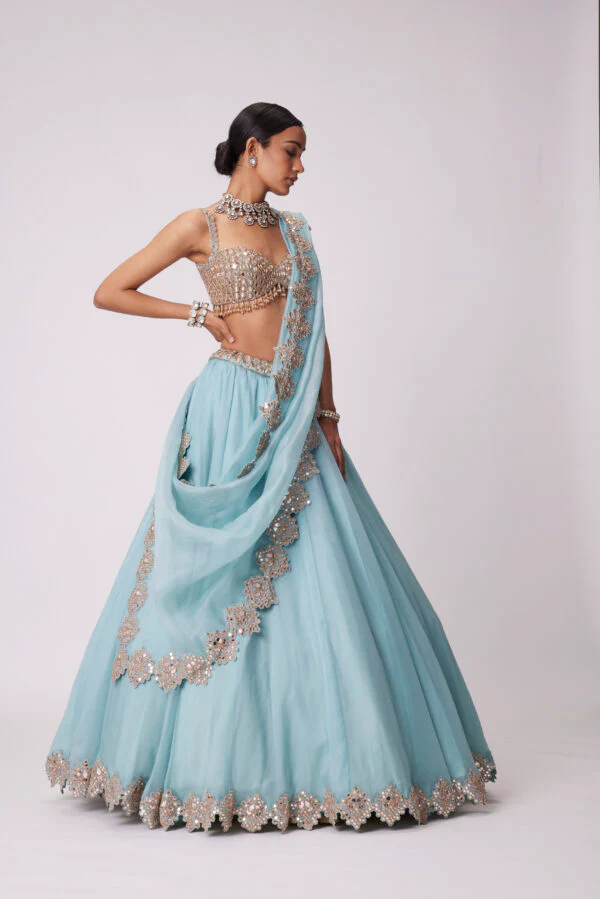 Powder Blue Organza hand Embroidered Lehenga Set - Image 3