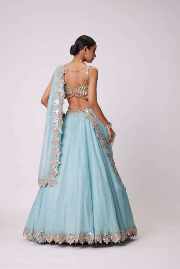 Powder Blue Organza hand Embroidered Lehenga Set - Image 4