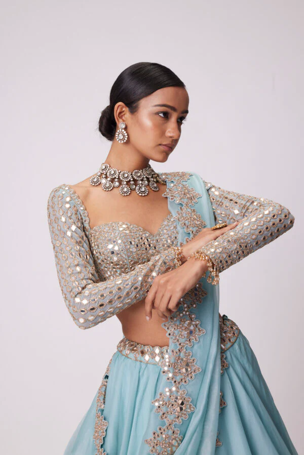 Powder Blue Organza Mirror Embroidered Lehenga Set - Image 2