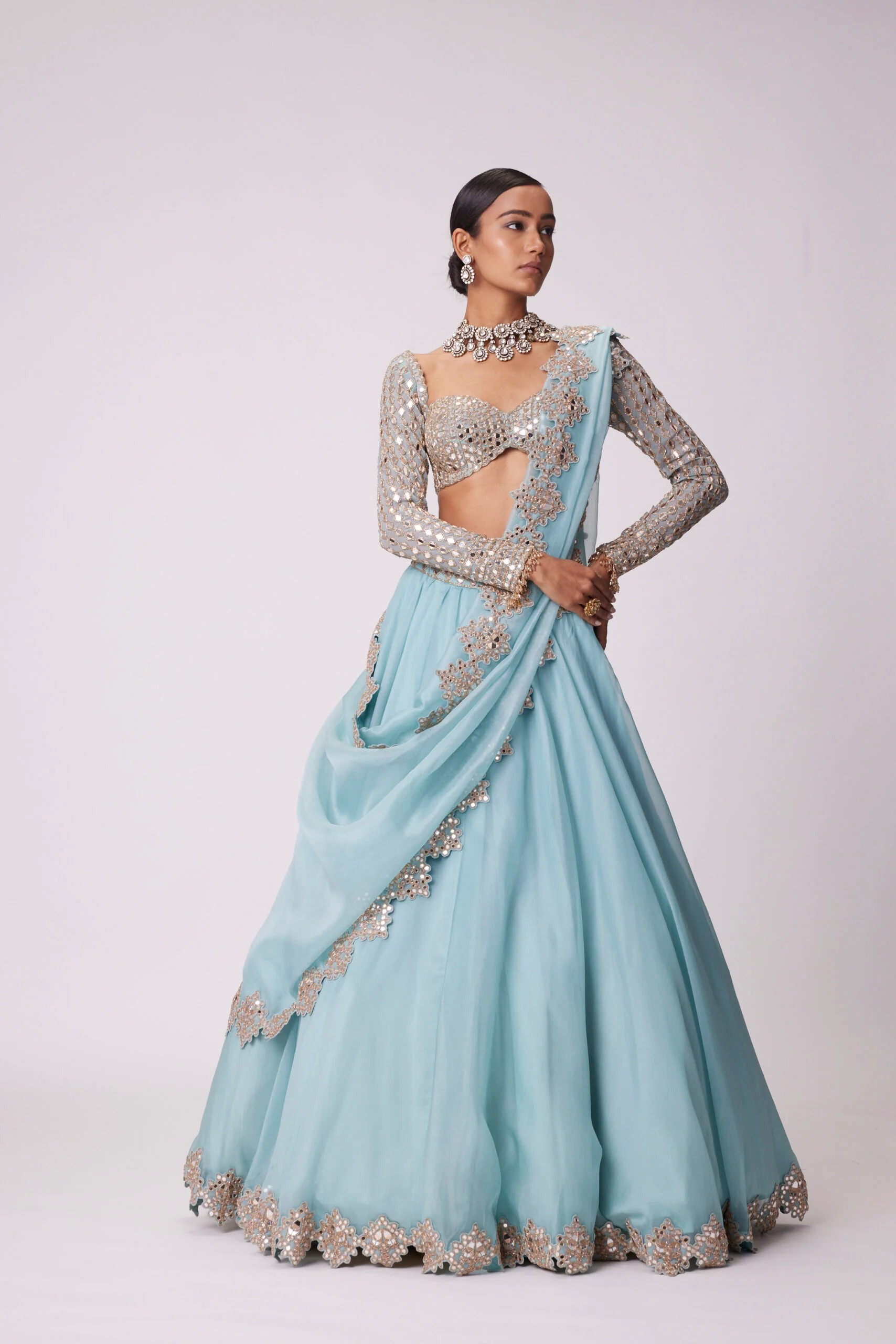 Powder Blue Organza Mirror Embroidered Lehenga Set - Image 3