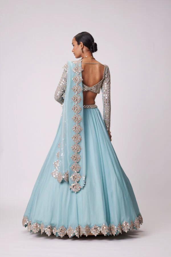 Powder Blue Organza Mirror Embroidered Lehenga Set - Image 4
