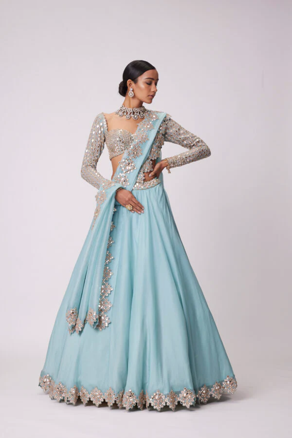 Powder Blue Organza Mirror Embroidered Lehenga Set - Image 5