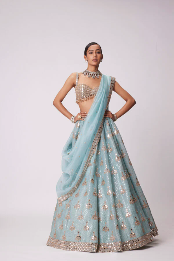 Powder Blue Organza Sequin Embroidered Lehenga Set - Image 4