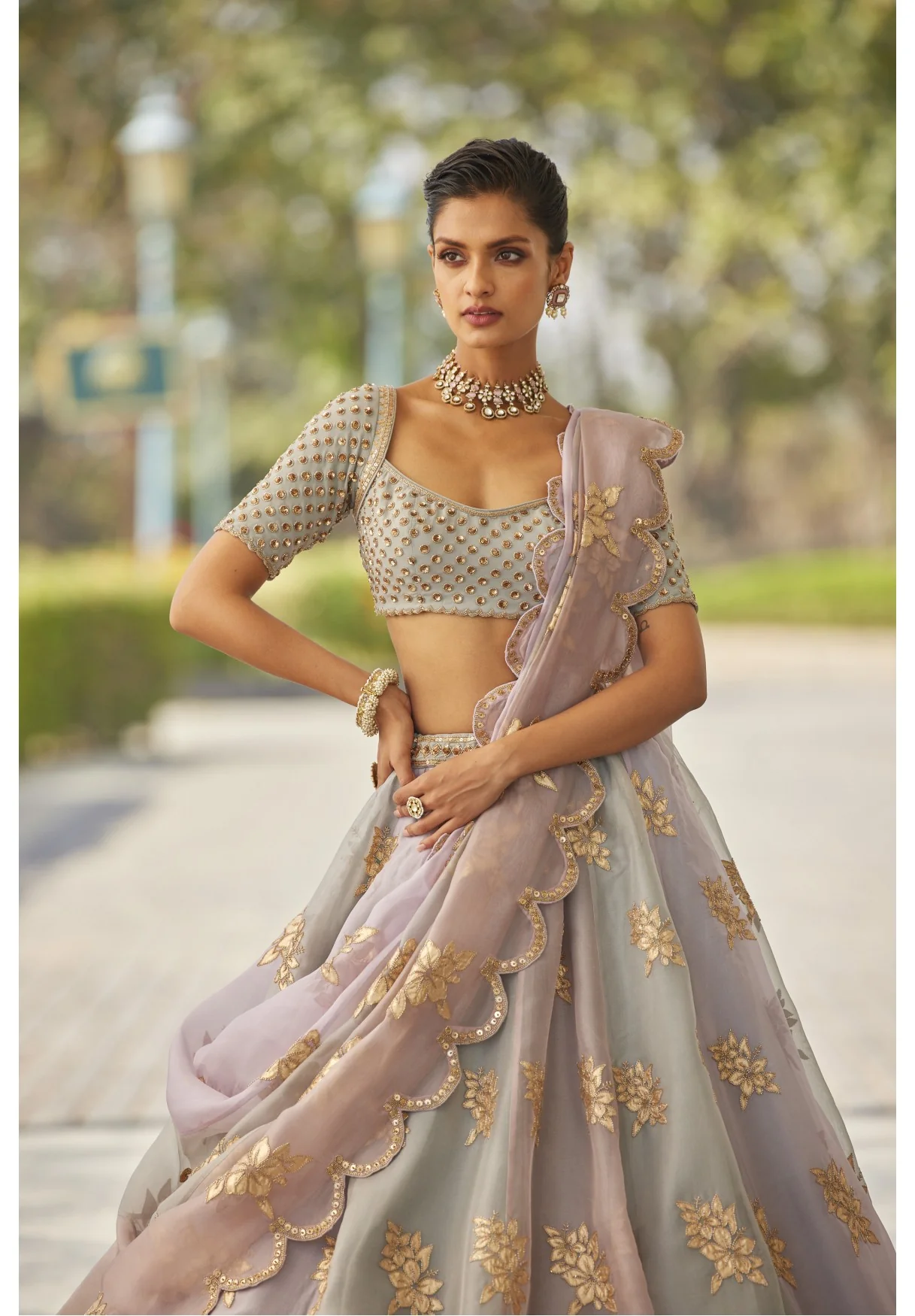 Powder Grey Multicolor Flower Lehenga Set - Image 2