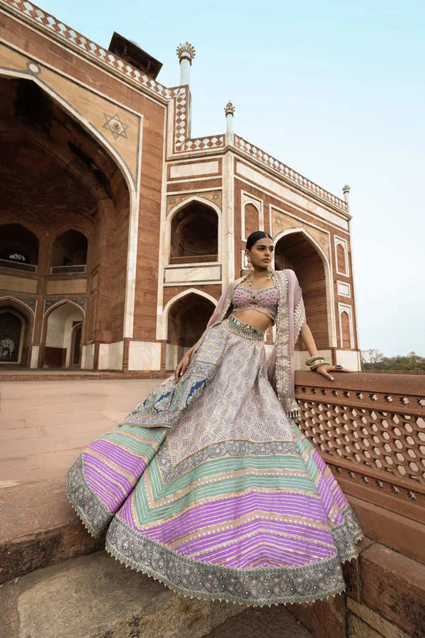 Powder Pink Bandhani Banarasi Chevron Lehenga - Image 2
