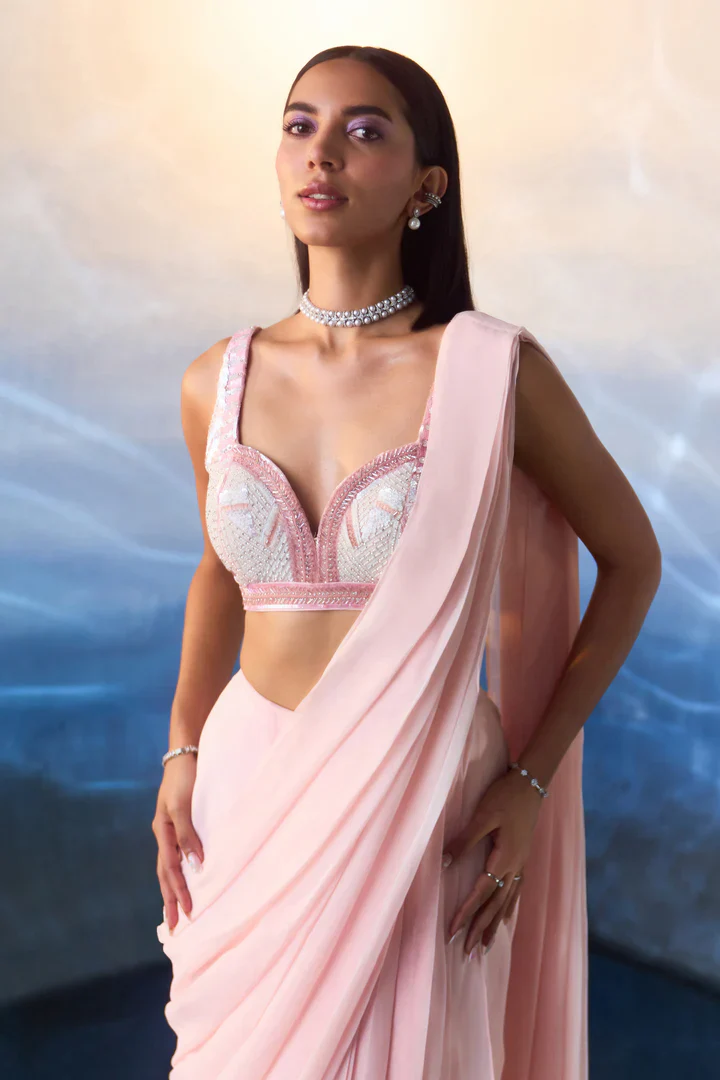 Powder Pink Georgette Drape Saree - Image 2