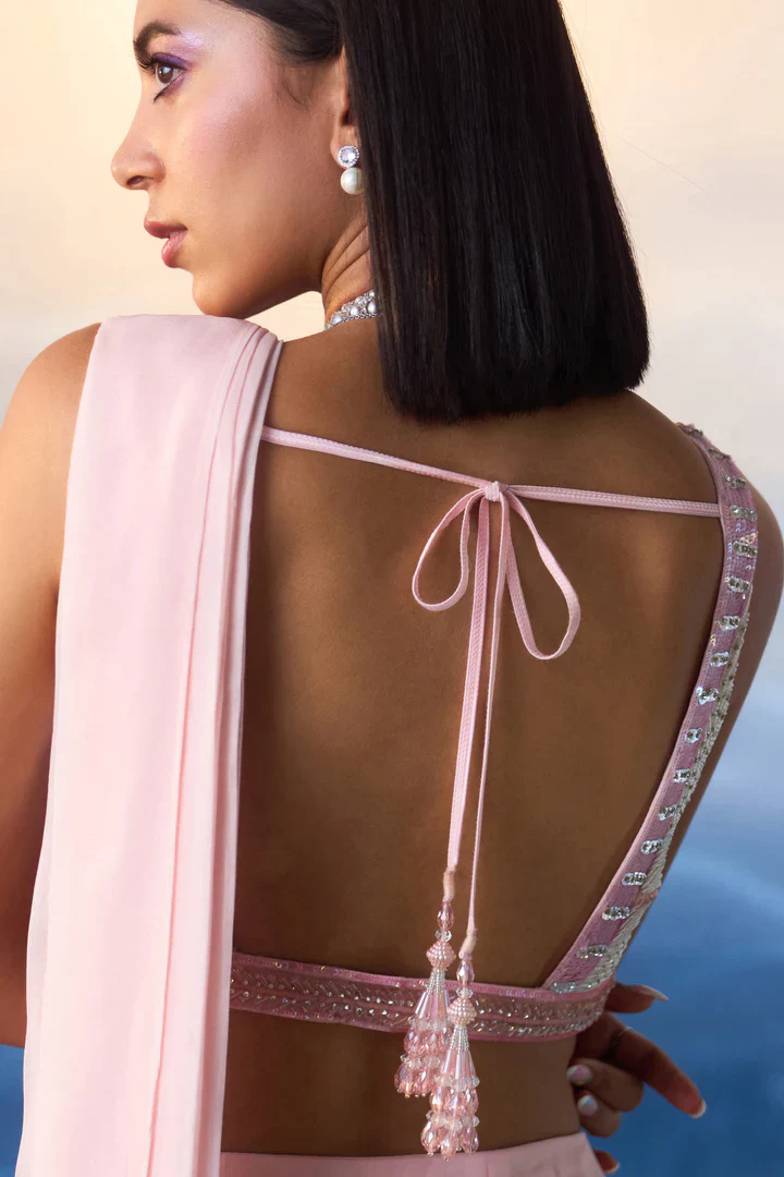 Powder Pink Georgette Drape Saree - Image 4