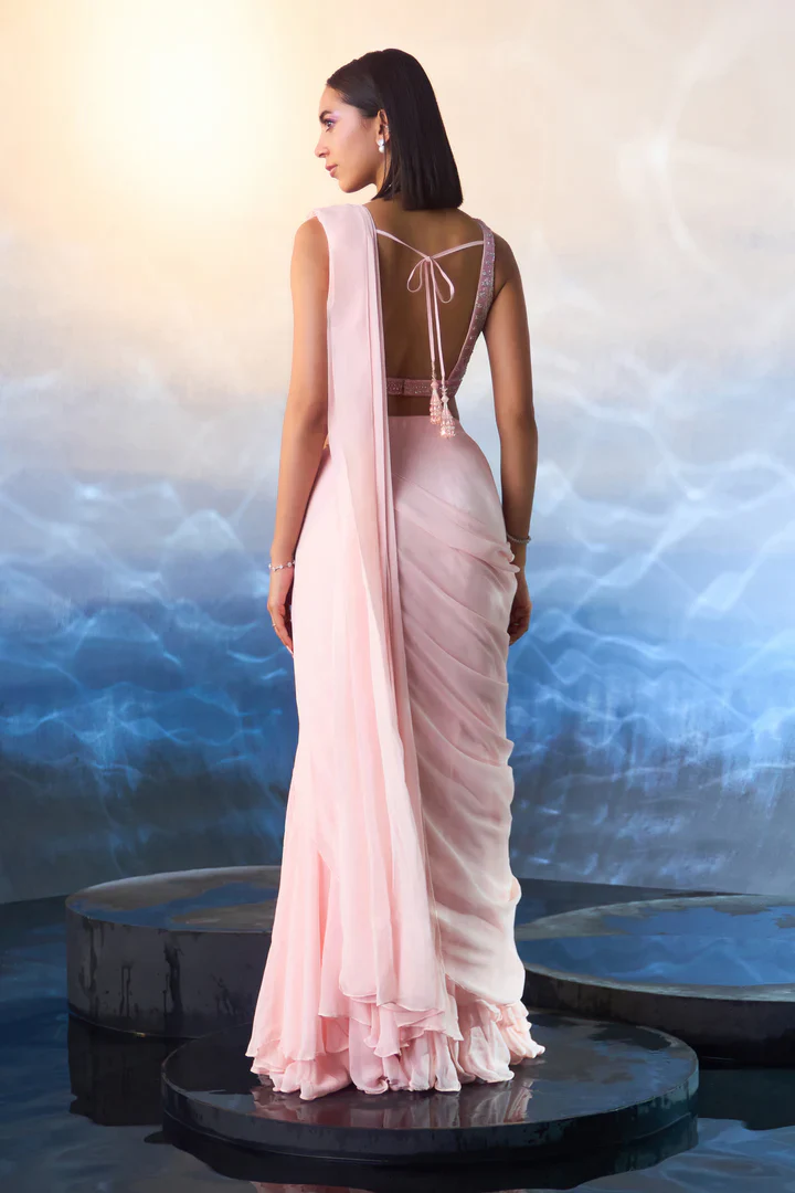 Powder Pink Georgette Drape Saree - Image 6