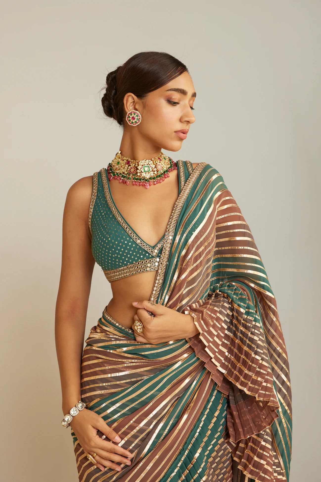 Pre Draped Mud Green Multicolor Saree Set - Image 2