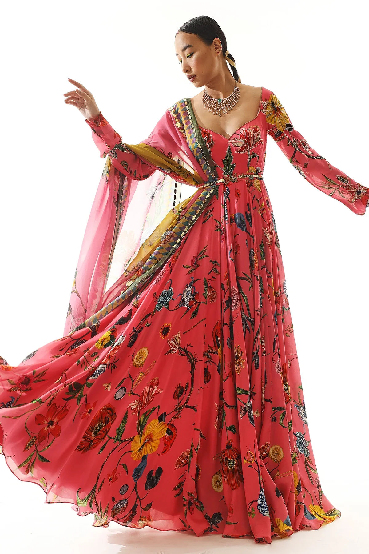 Printed Anarkali With Embroidered Bodice And Dupatta