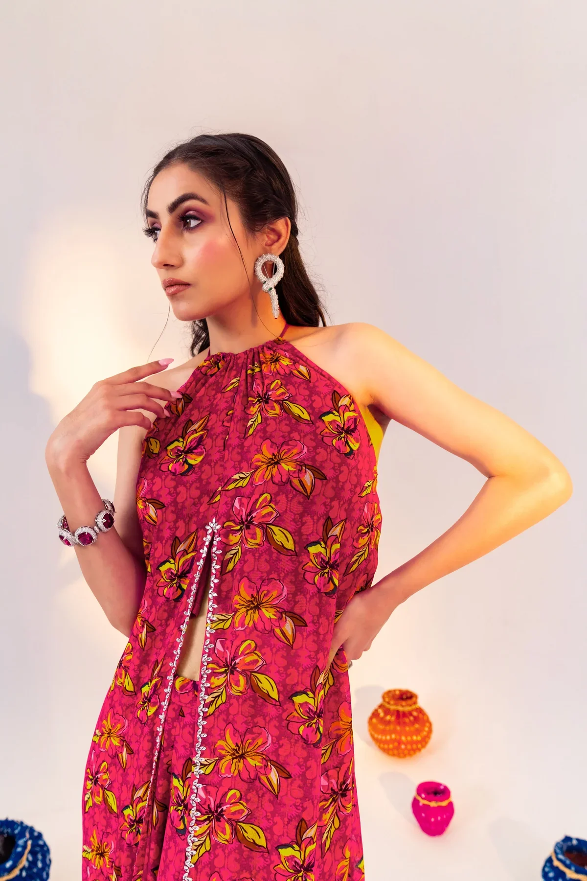 Printed Centre Cut Halter Neck Tunic And Straight Pant Set - Image 2