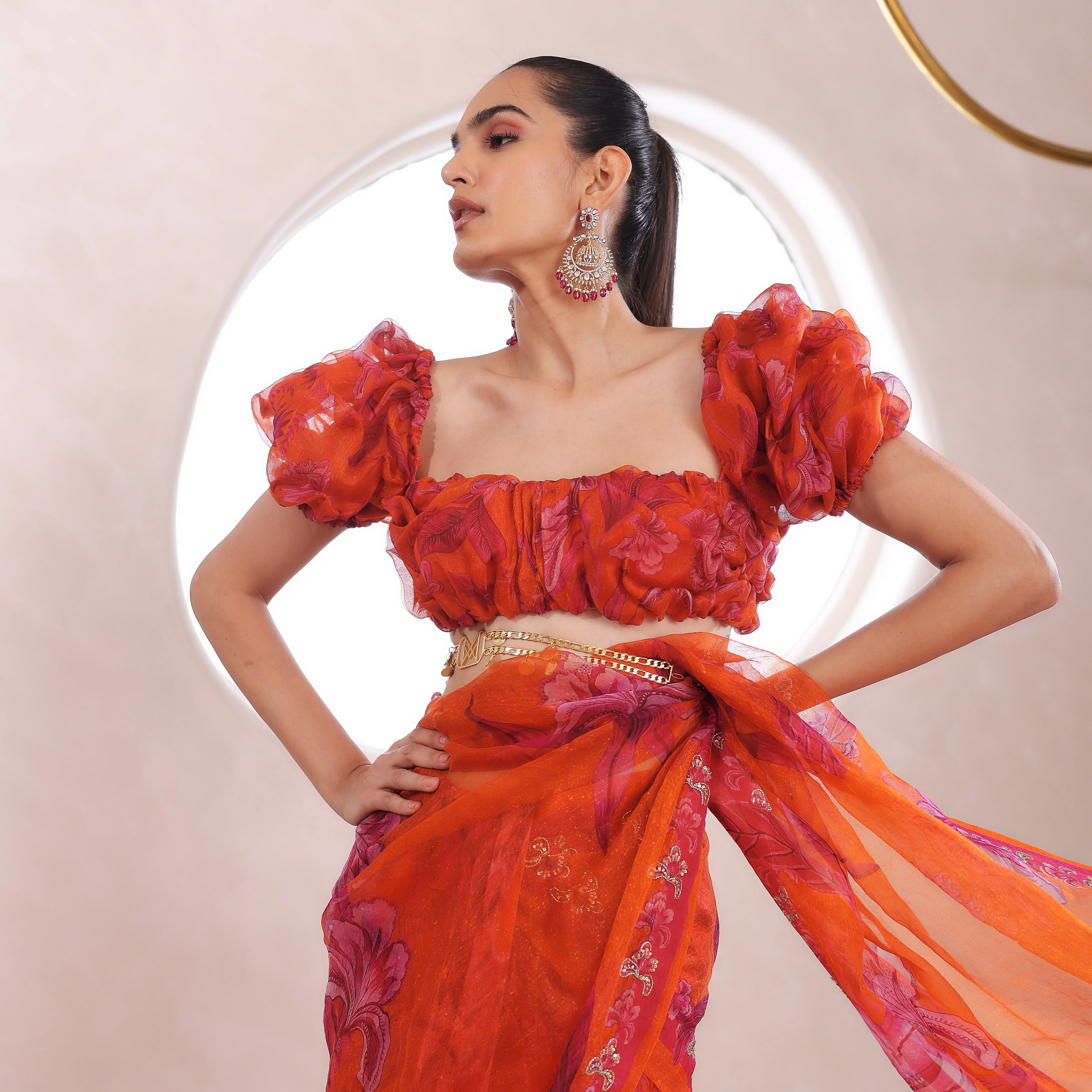 RAHA - Printed Draped With Matching Blouse And Belt - Image 2