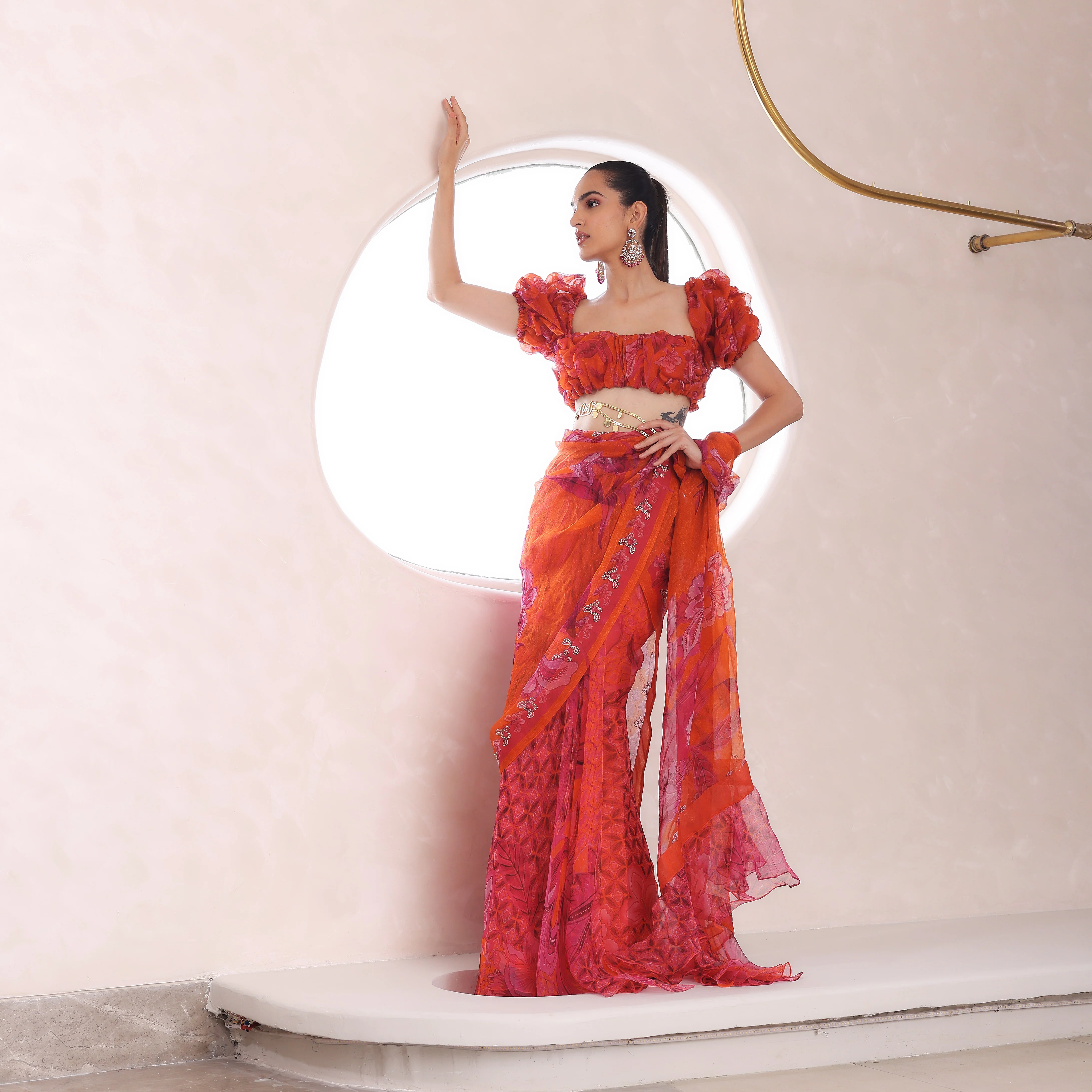 RAHA - Printed Draped With Matching Blouse And Belt - Image 3