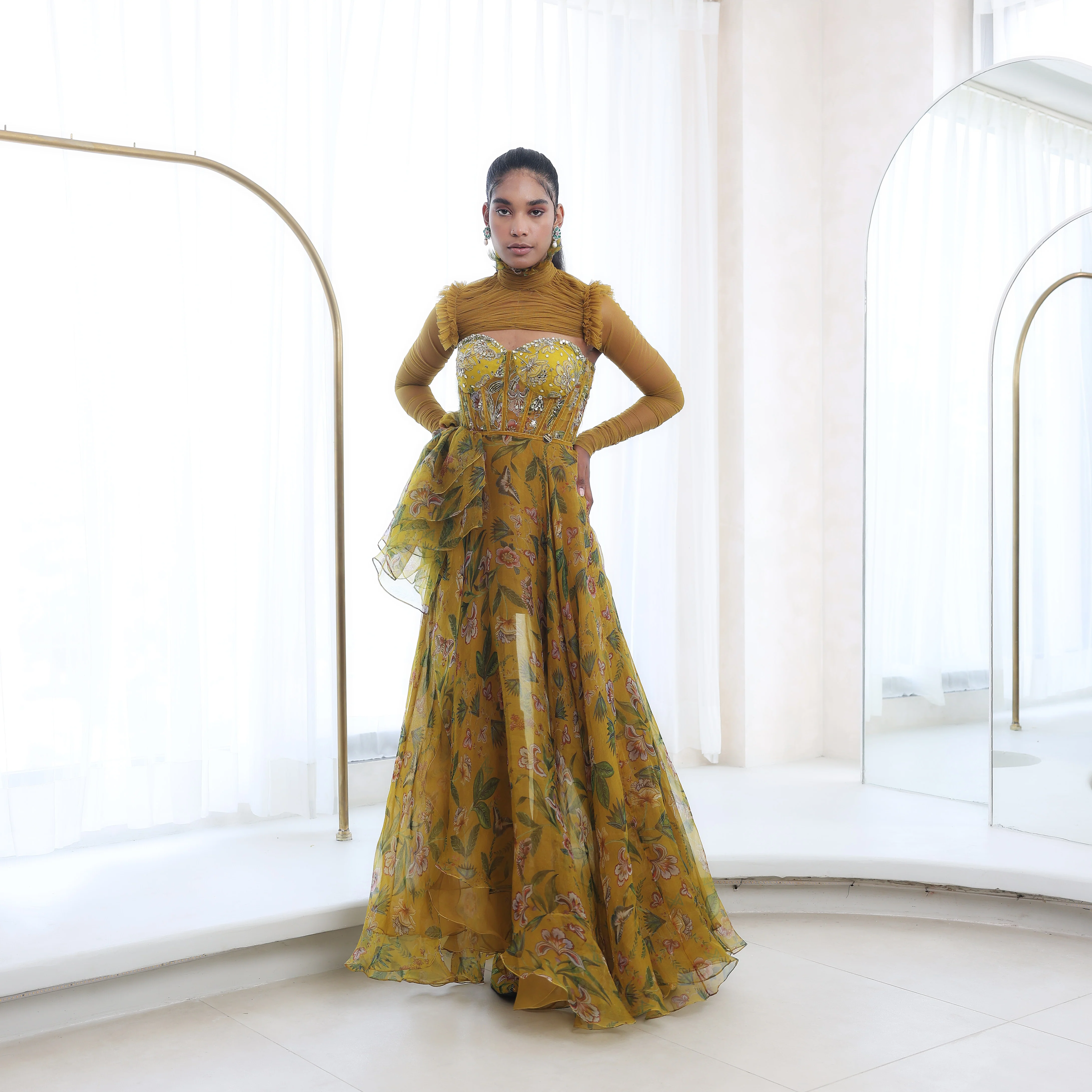 ISHANI - Printed Gown With Embroidered Bodice