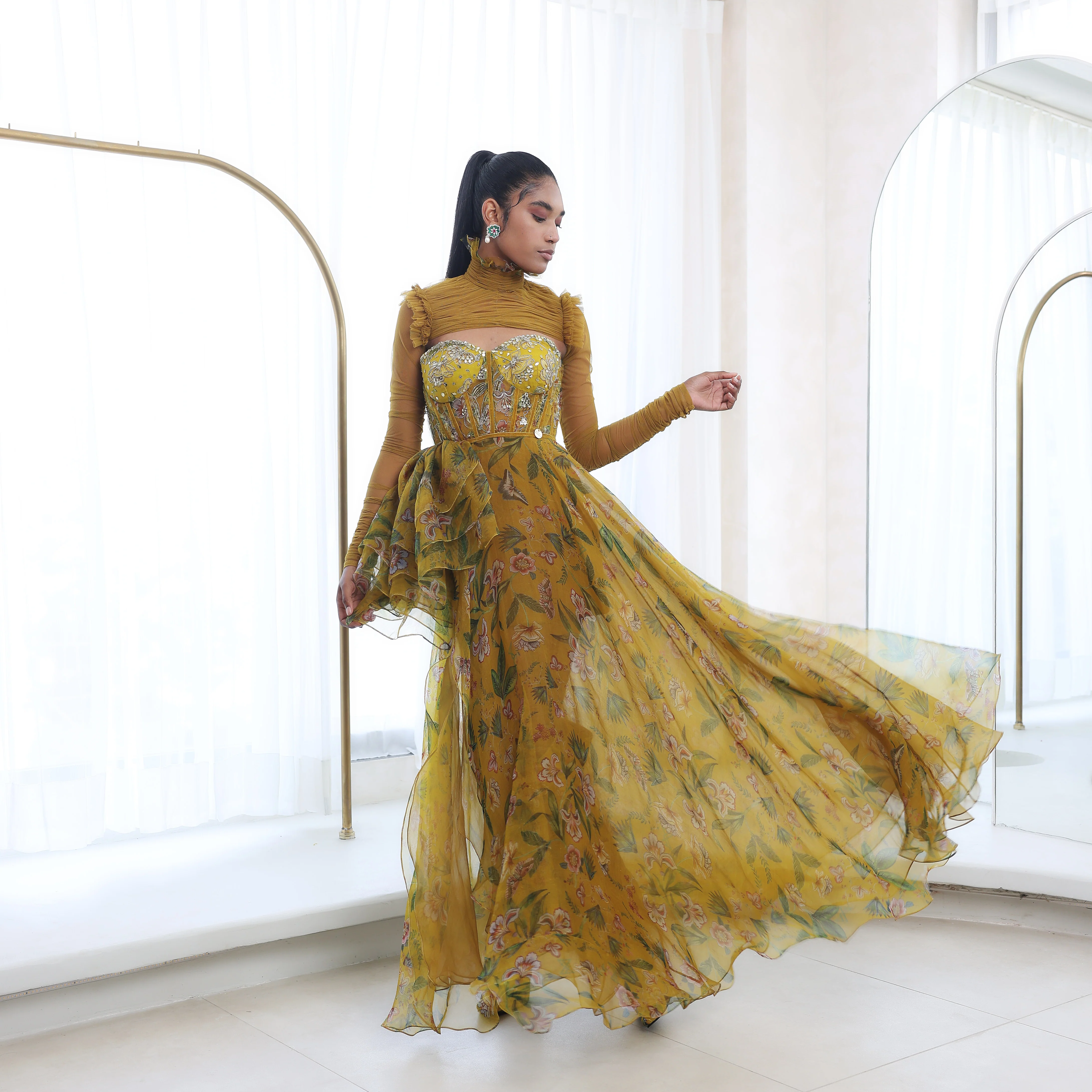 ISHANI - Printed Gown With Embroidered Bodice - Image 3