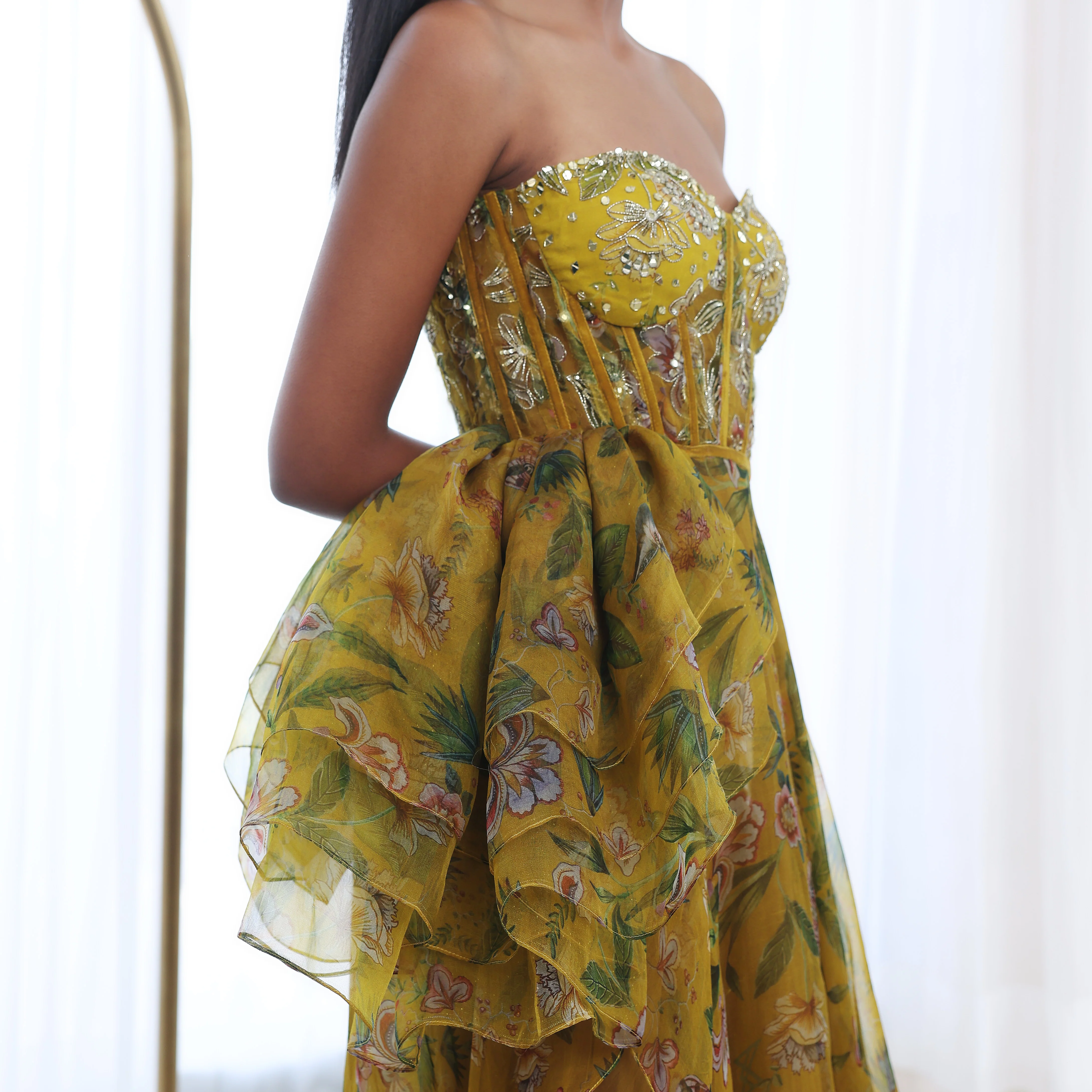ISHANI - Printed Gown With Embroidered Bodice - Image 6