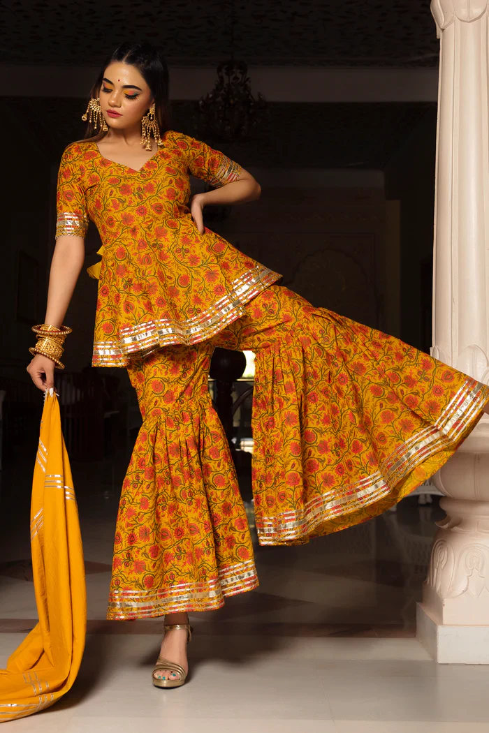 Printed mustard cotton sharara set