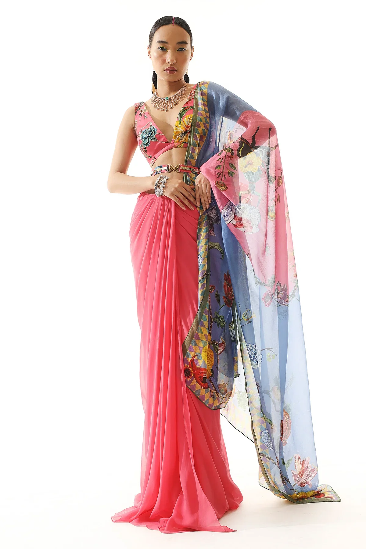 Printed Organza Satin Blouse And Belt With Georgette Saree - Image 2
