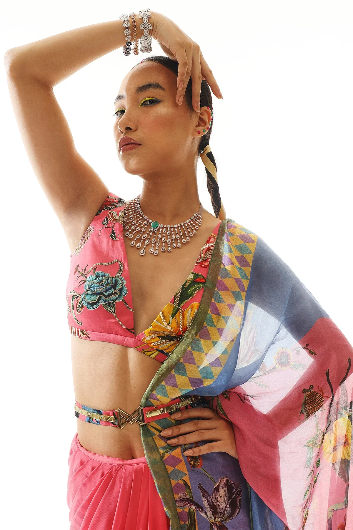 Printed Organza Satin Blouse And Belt With Georgette Saree - Image 3
