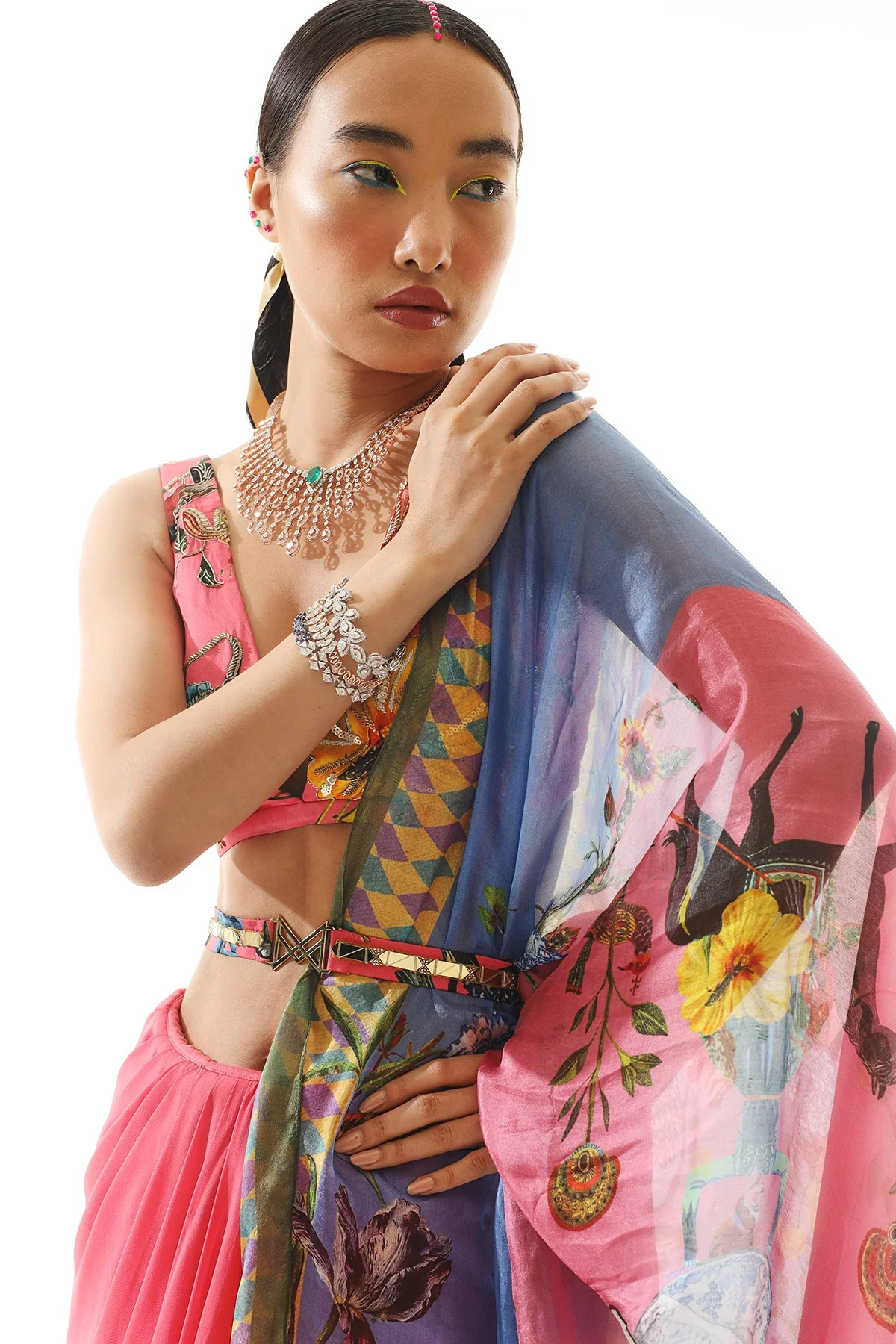 Printed Organza Satin Blouse And Belt With Georgette Saree - Image 4