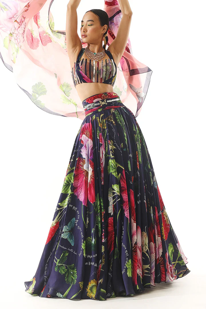 Printed Organza Satin Lehenga Blouse And Dupatta Set