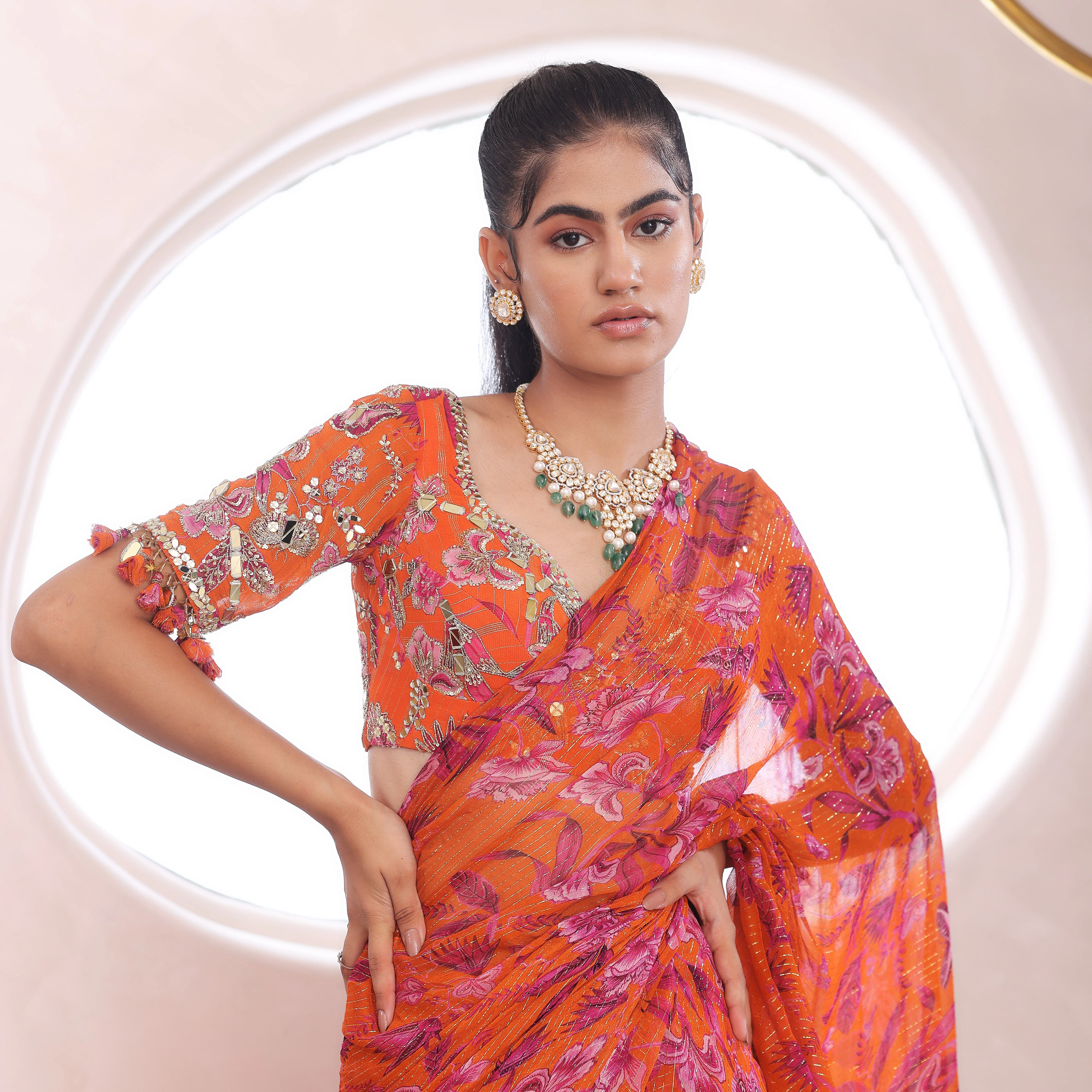 SYRA - Printed Ruffled Saree And Embroidered Blouse - Image 2