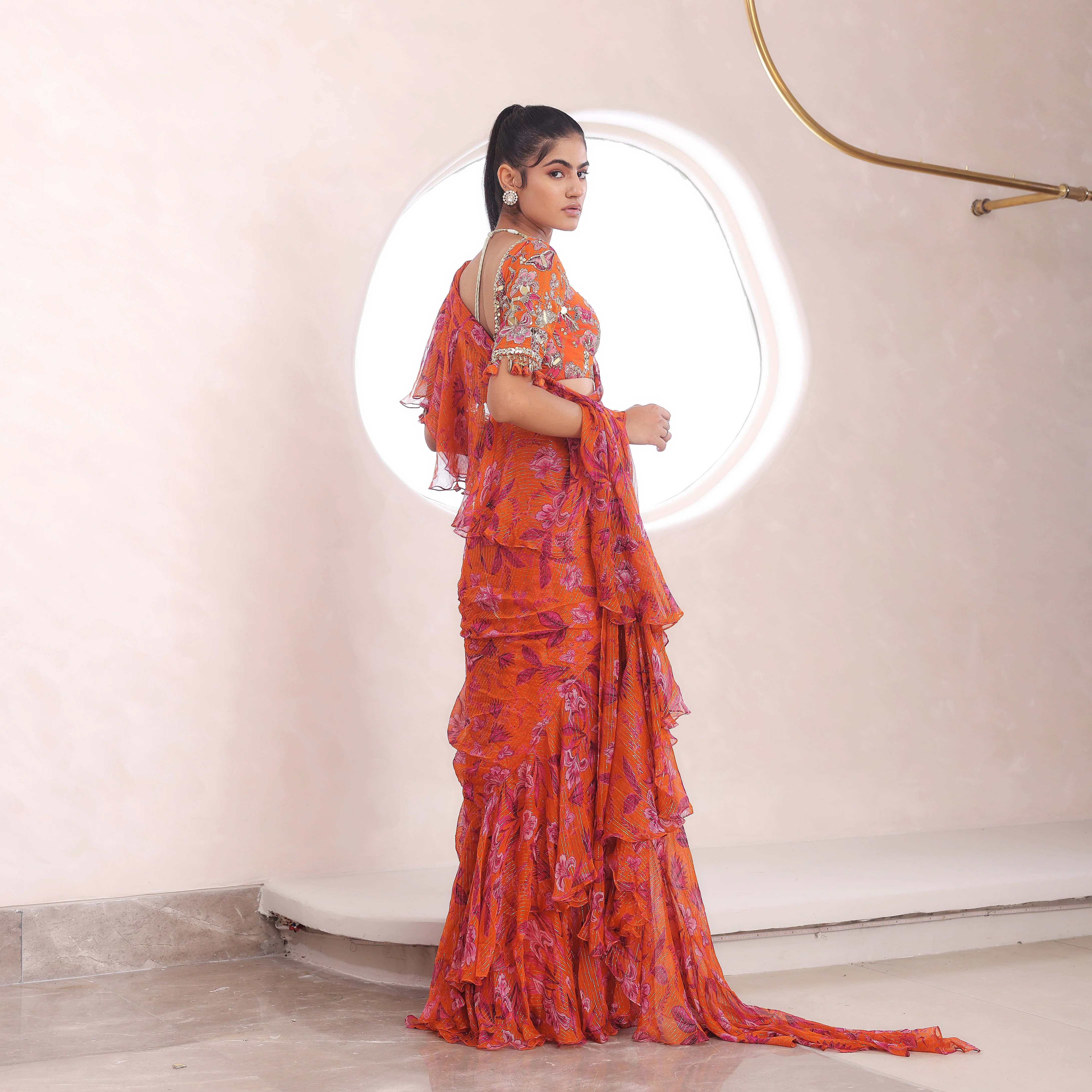 SYRA - Printed Ruffled Saree And Embroidered Blouse - Image 5