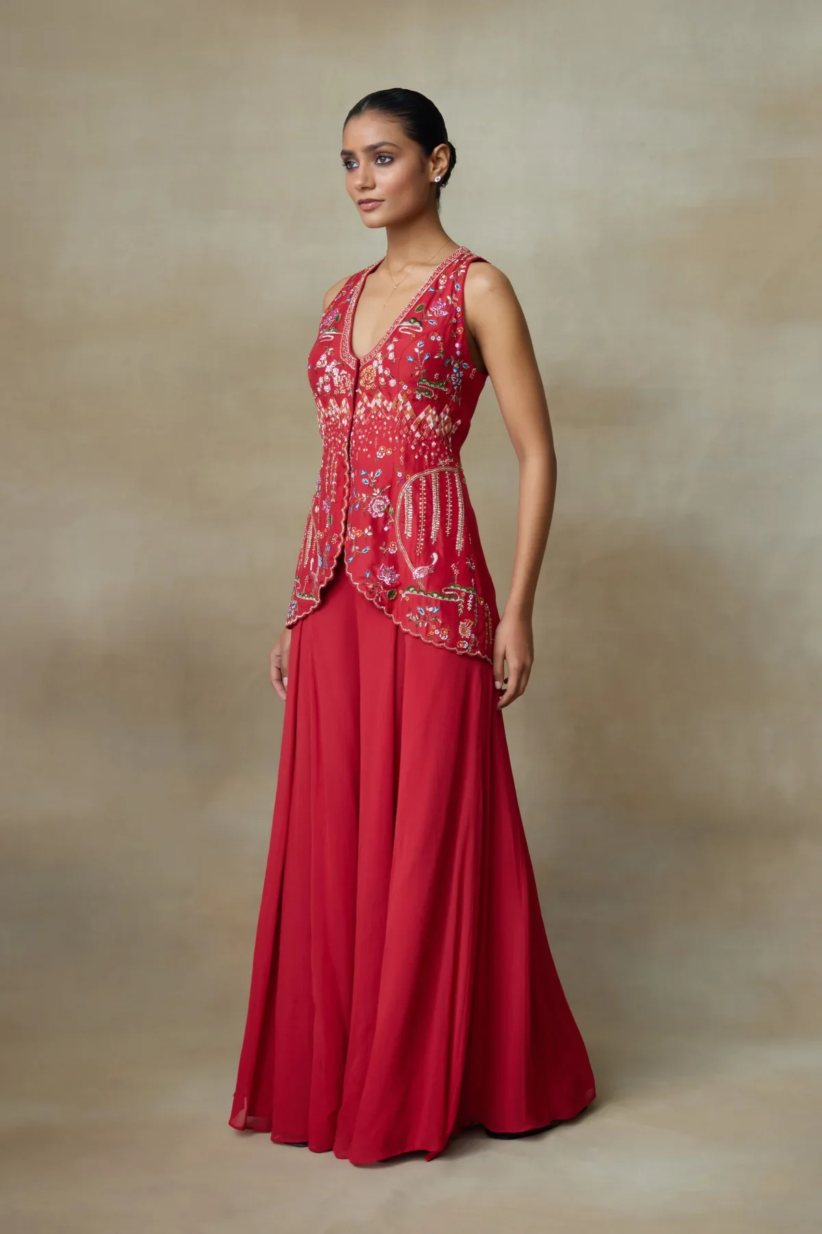 PUFFIN - Sindoori Red Silk Cut Sleeves Kurta With Georgette Flared Plazzo - Image 2