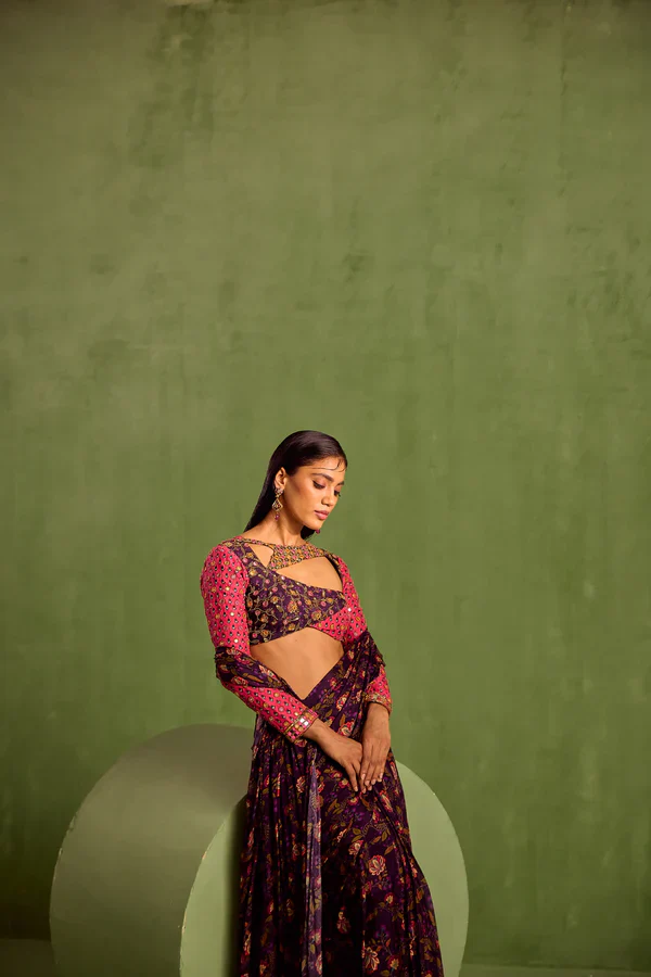 Purple Chanderi Silk Print Floral Asymmetric Pre-draped Saree With Blouse - Image 2