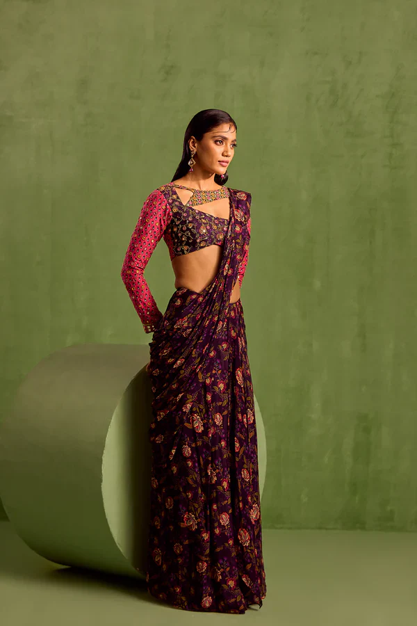 Purple Chanderi Silk Print Floral Asymmetric Pre-draped Saree With Blouse - Image 3