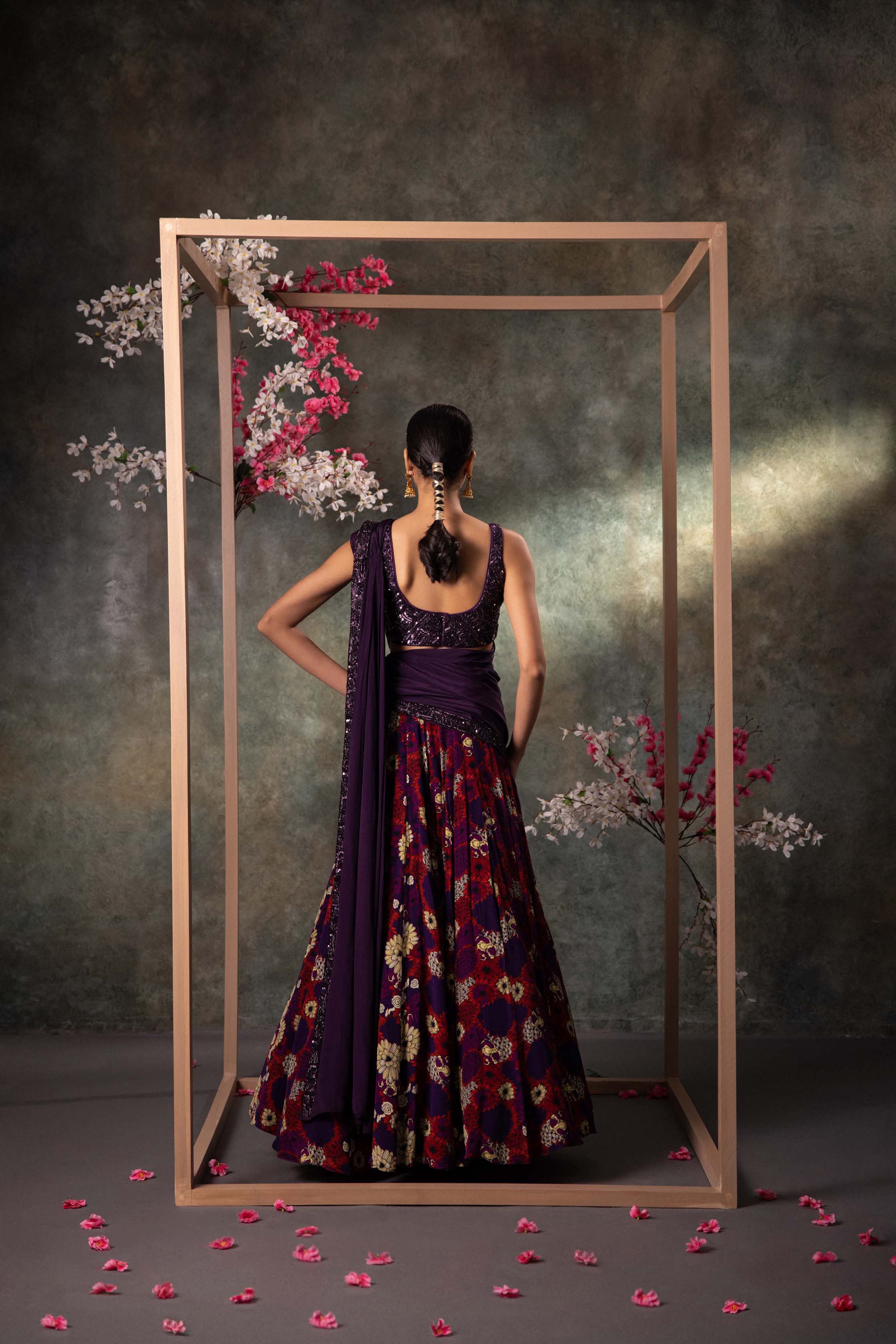 Purple Choli, Lehenga And Dupatta Set With Embroidery - Image 3