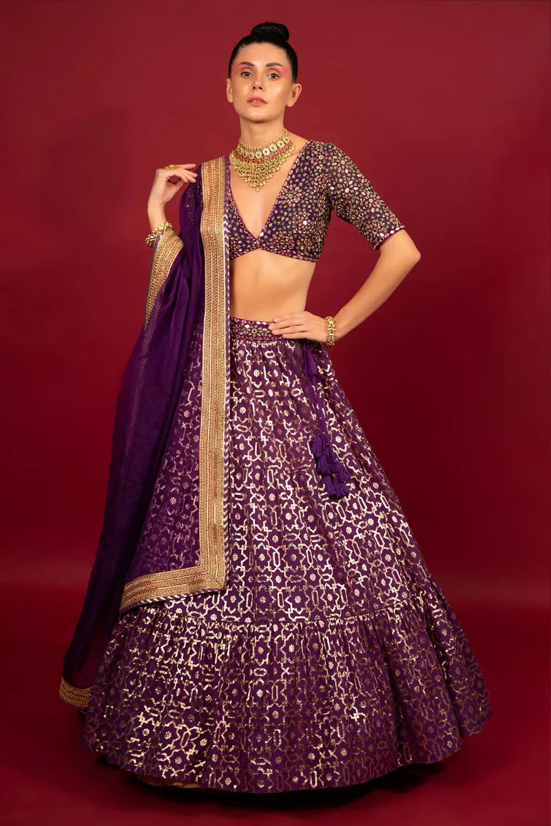 Purple Cotton Shantoon Banarasi Chanderi Tiered Lehenga Set