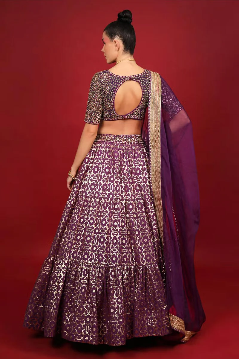Purple Cotton Shantoon Banarasi Chanderi Tiered Lehenga Set - Image 2