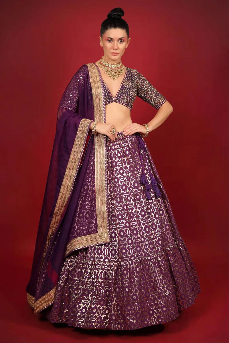 Purple Cotton Shantoon Banarasi Chanderi Tiered Lehenga Set - Image 3