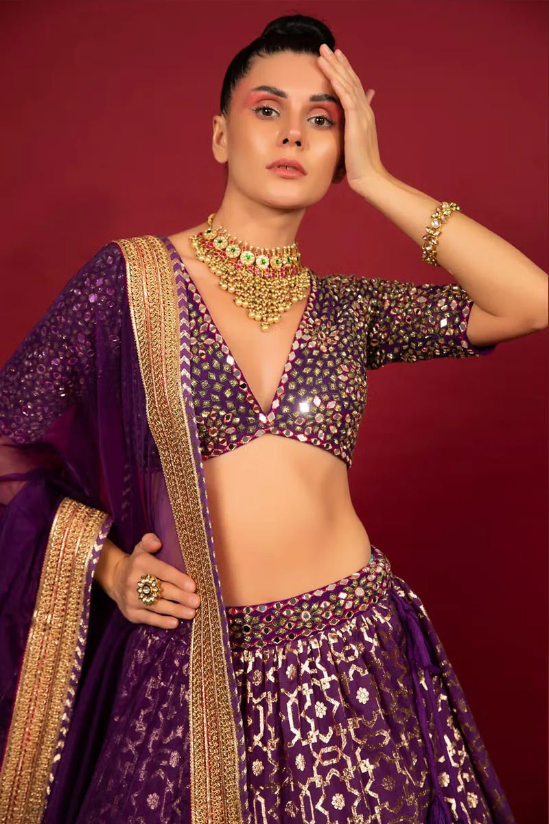 Purple Cotton Shantoon Banarasi Chanderi Tiered Lehenga Set - Image 4