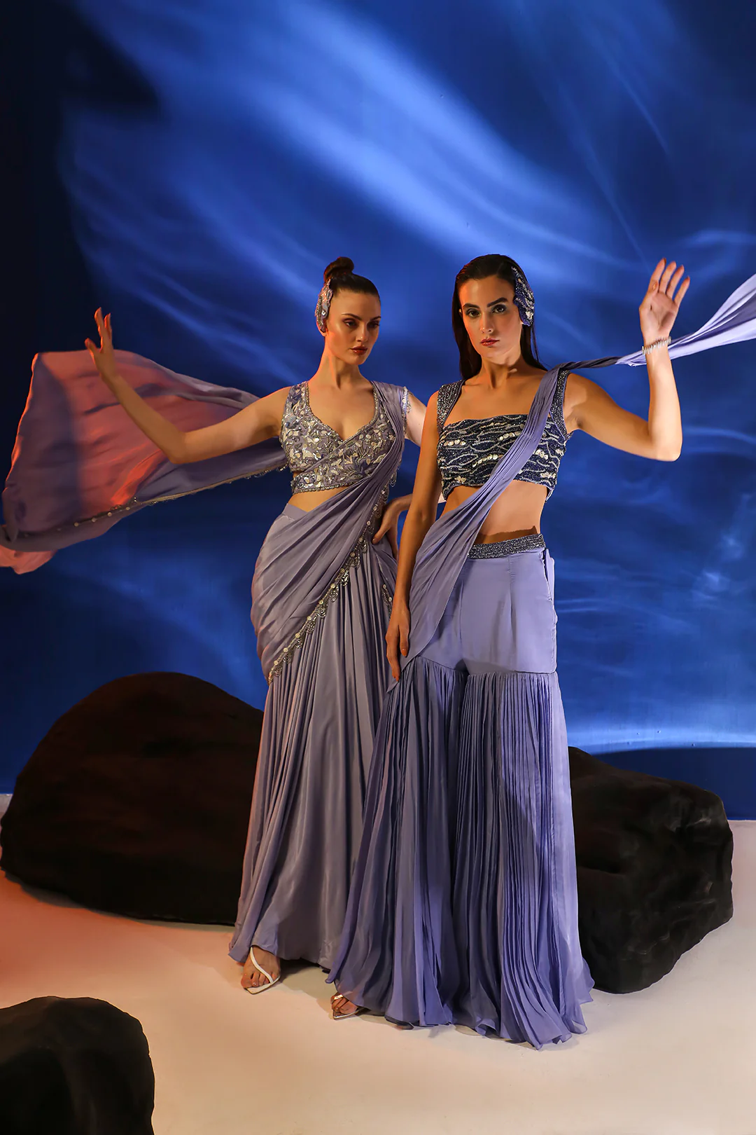 Purple Crepe Asherah Pre-draped Saree With Embroidered Blouse - Image 6