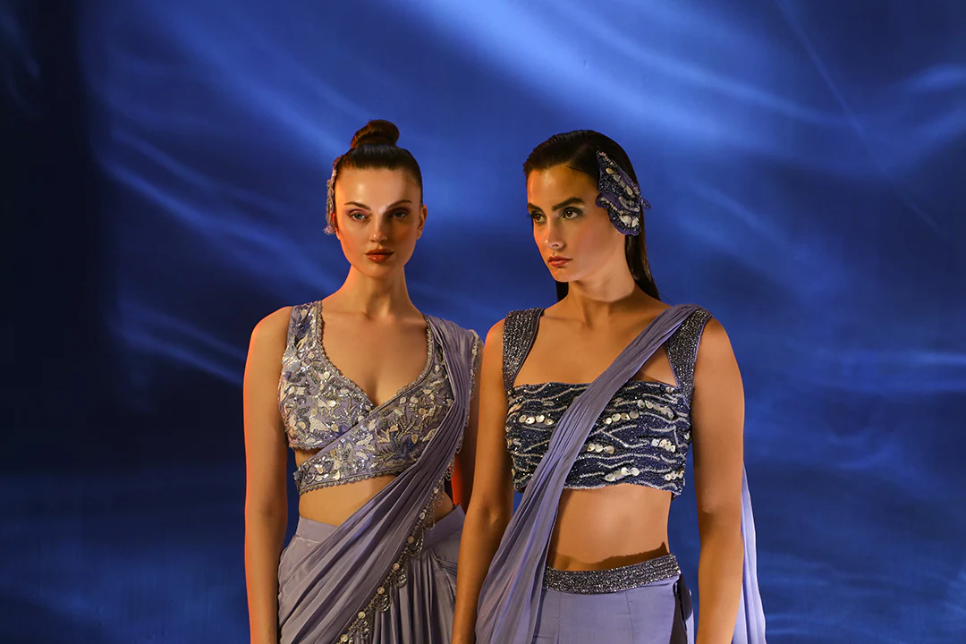 Purple Crepe Asherah Pre-draped Saree With Embroidered Blouse - Image 8
