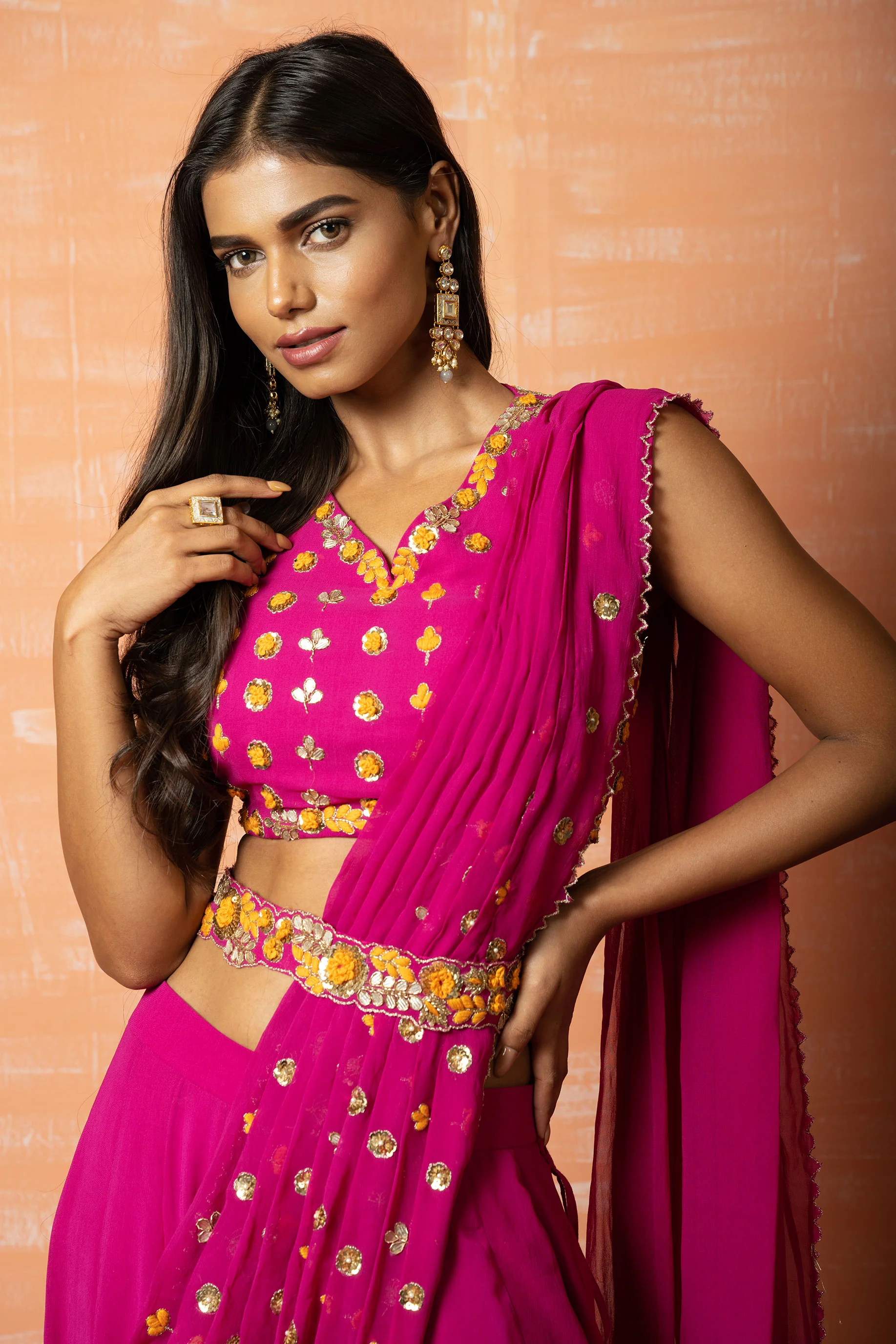 Purple Embroidered Sharara Saree Set - Image 3
