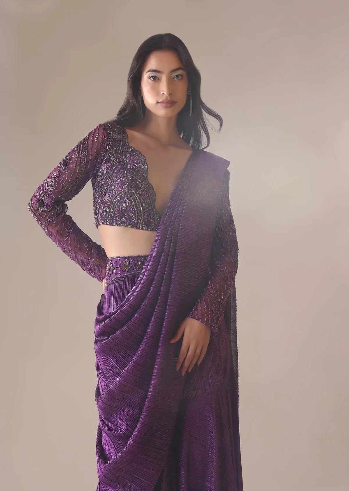 Purple Hand Embroidered Sharara And Blouse Set In Crushed Shimmer - Image 3