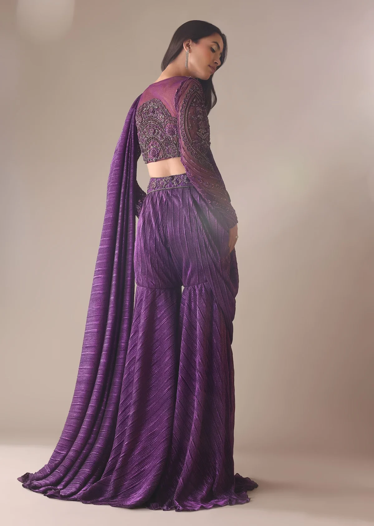 Purple Hand Embroidered Sharara And Blouse Set In Crushed Shimmer - Image 4