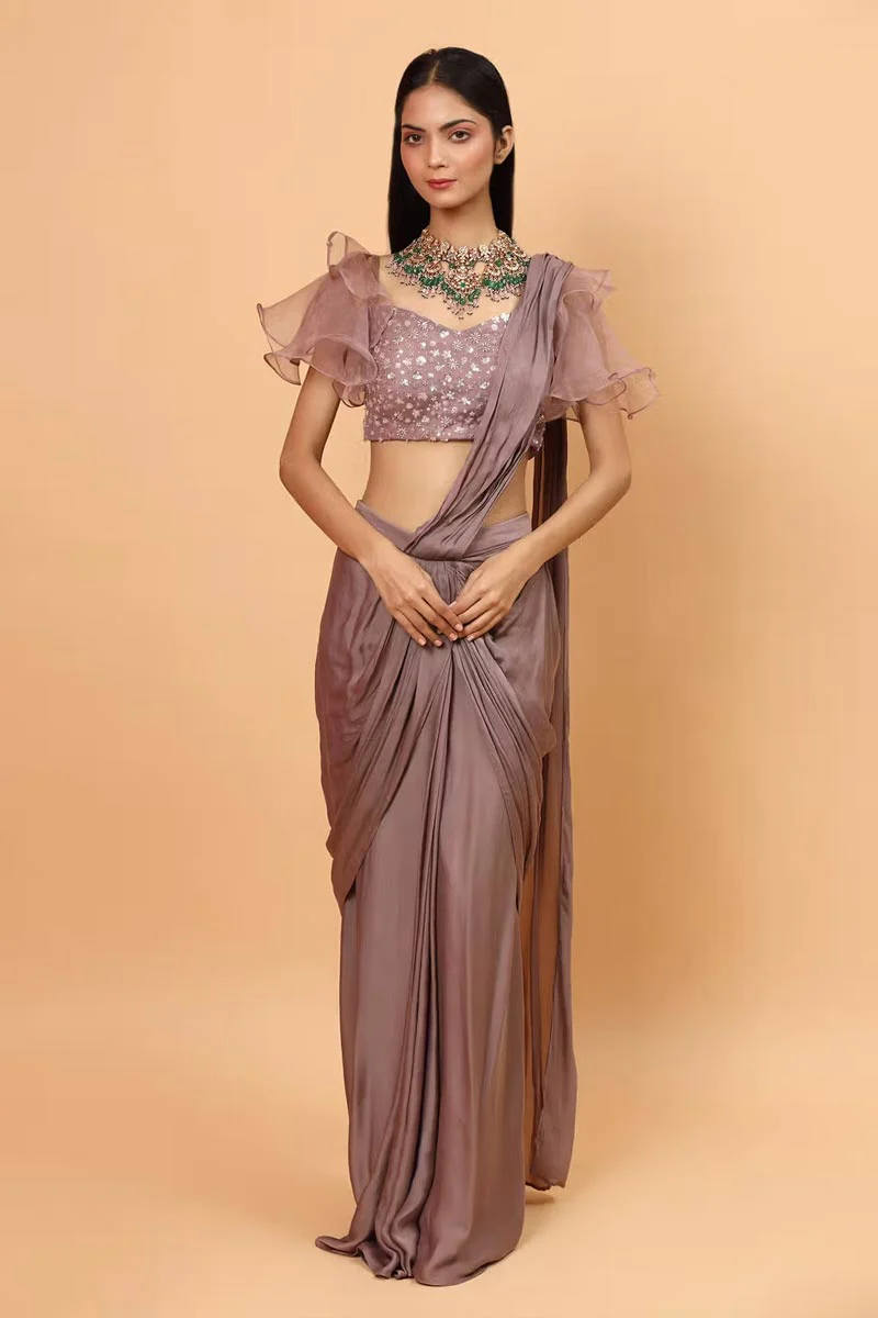 Purple Lycra Pre-Draped Saree With Embroidered Blouse