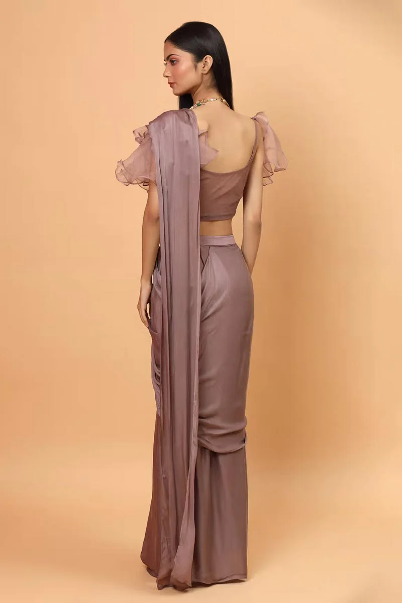 Purple Lycra Pre-Draped Saree With Embroidered Blouse - Image 2
