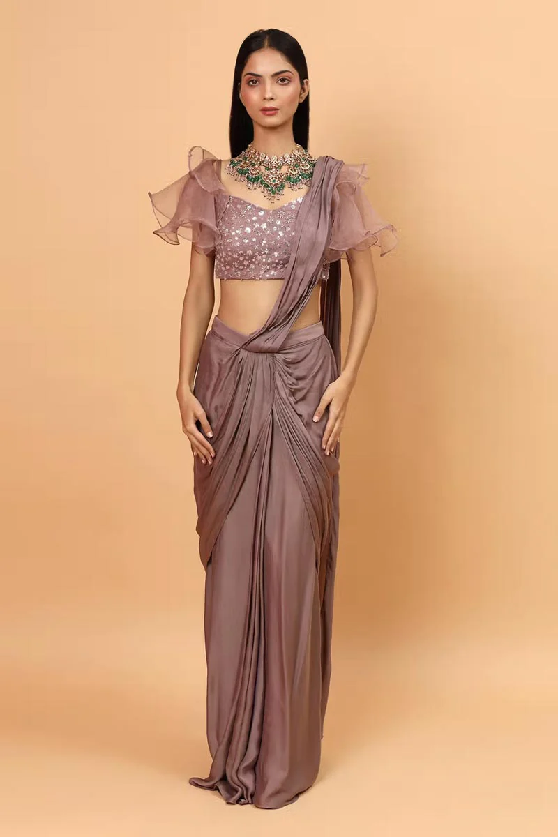 Purple Lycra Pre-Draped Saree With Embroidered Blouse - Image 3