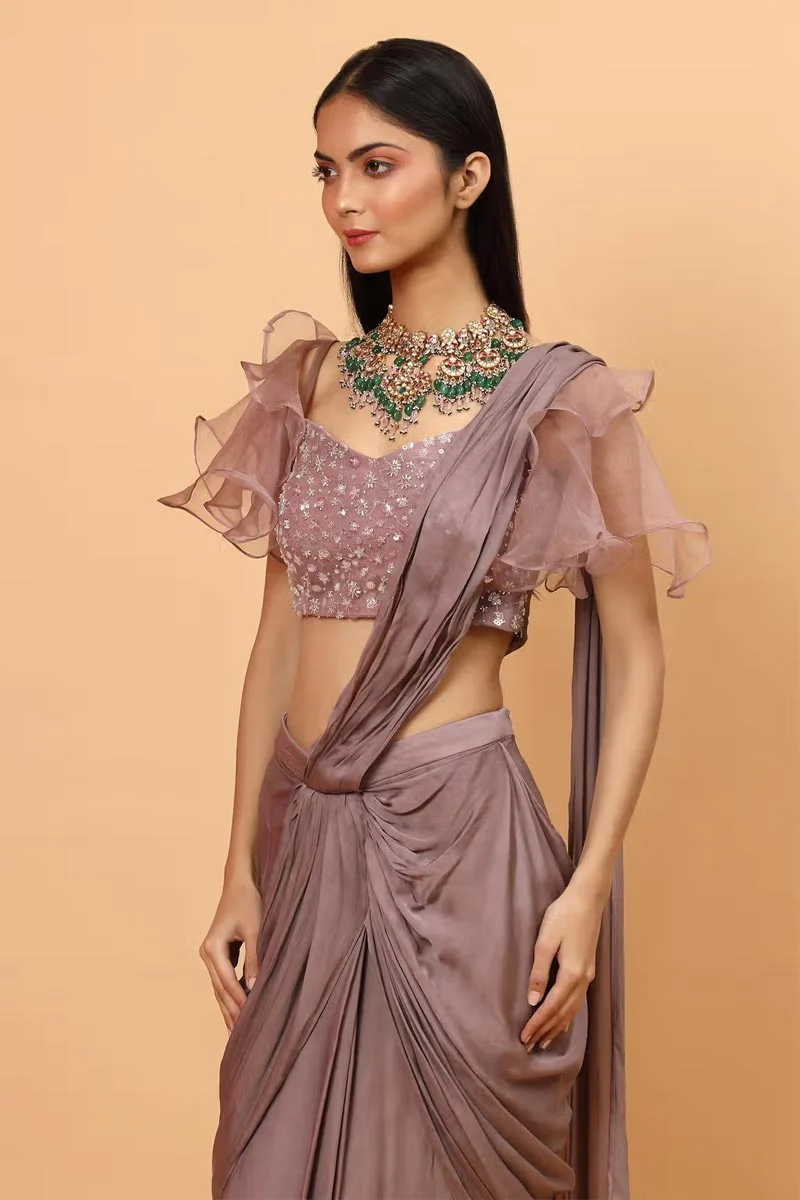 Purple Lycra Pre-Draped Saree With Embroidered Blouse - Image 4