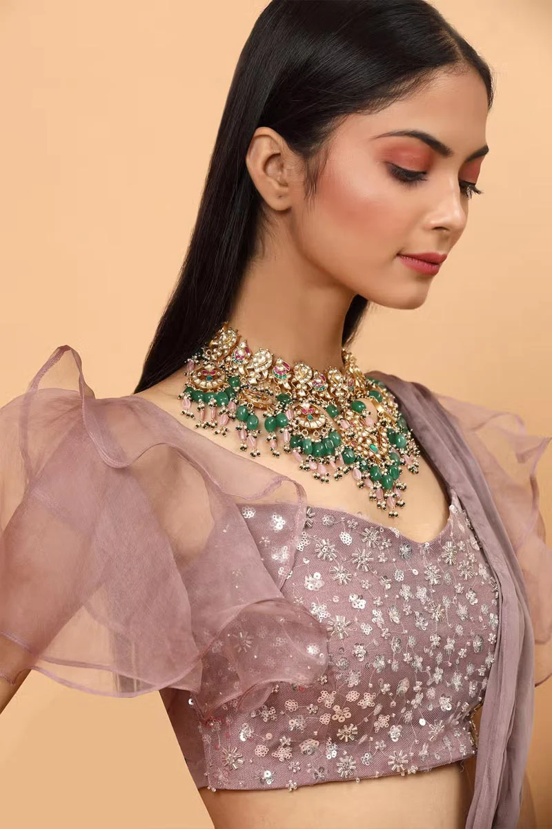 Purple Lycra Pre-Draped Saree With Embroidered Blouse - Image 5